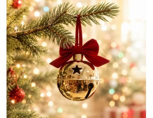Grelot de Noël en métal doré brillant Ø10cm, nœud en velours rouge, étoile découpée, ruban velours rouge pour suspension