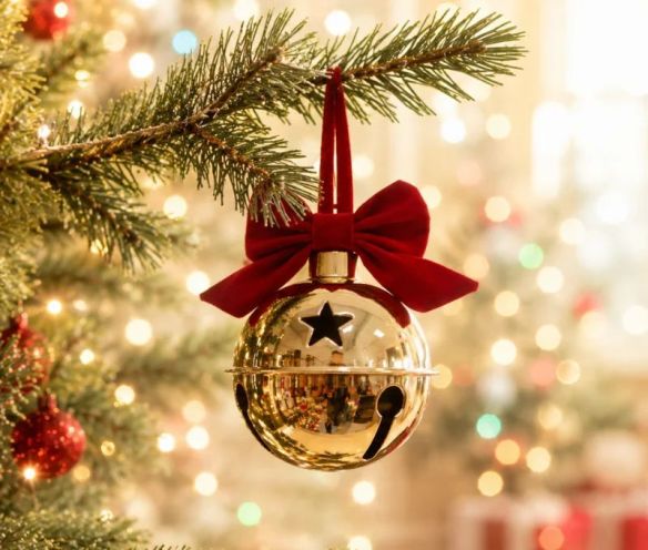 Grelot de Noël en métal doré brillant Ø10cm, nœud en velours rouge, étoile découpée, ruban velours rouge pour suspension