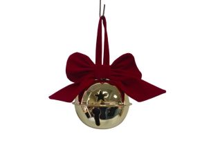 Grelot de Noël en métal doré brillant Ø10cm, nœud en velours rouge, étoile découpée, ruban velours rouge pour suspension