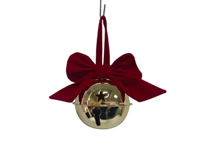 Grelot de Noël en métal doré brillant Ø10cm, nœud en velours rouge, étoile découpée, ruban velours rouge pour suspension