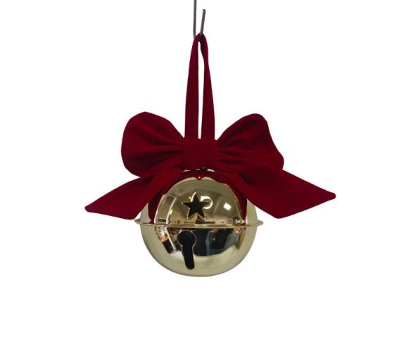 Grelot de Noël en métal doré brillant Ø10cm, nœud en velours rouge, étoile découpée, ruban velours rouge pour suspension