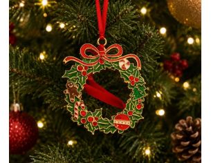 Suspension de Noël couronne métal doré émaillé 9cm, houx vert, nœud rouge, canne en sucre et boule, dans sa boîte cadeau rouge