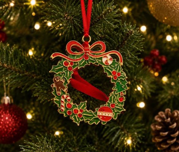 Suspension de Noël couronne métal doré émaillé 9cm, houx vert, nœud rouge, canne en sucre et boule, dans sa boîte cadeau rouge
