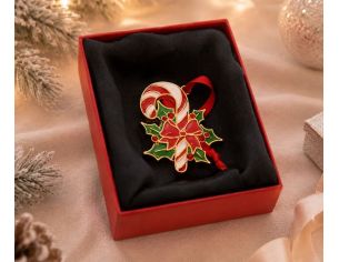 Suspension de Noël sucre d'orge métal doré émaillé rouge blanc et vert, nœud rouge, feuilles de houx, dans sa boîte cadeau