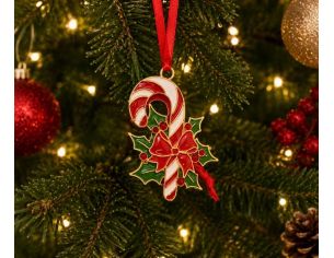 Suspension de Noël sucre d'orge métal doré émaillé rouge blanc et vert, nœud rouge, feuilles de houx, dans sa boîte cadeau