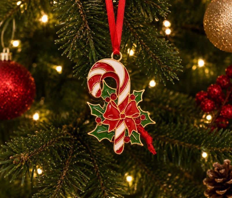 Suspension de Noël sucre d'orge métal doré émaillé rouge blanc et vert, nœud rouge, feuilles de houx, dans sa boîte cadeau
