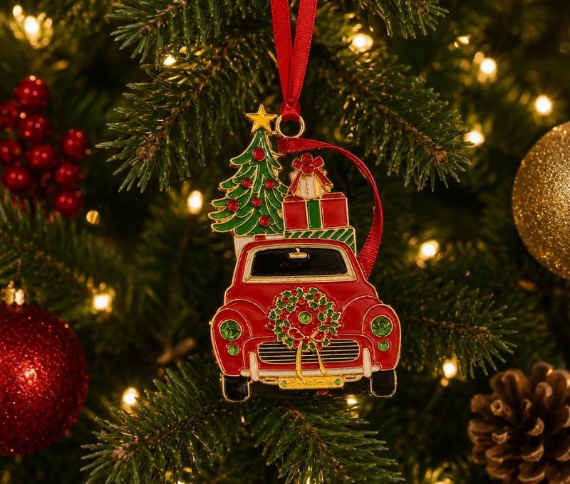 Suspension de Noël voiture rouge métal doré émaillé, sapin vert étoilé et cadeaux sur le toit, dans sa boîte cadeau
