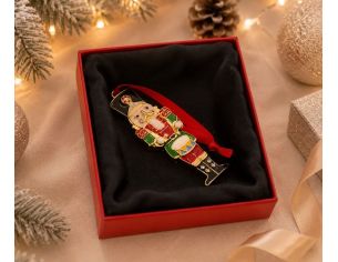 Suspension de Noël casse-noisette métal doré émaillé rouge vert et noir, uniforme, tambour, bottes, ruban rouge boîte cadeau