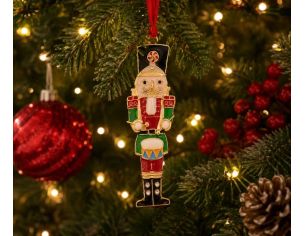 Suspension de Noël casse-noisette métal doré émaillé rouge vert et noir, uniforme, tambour, bottes, ruban rouge boîte cadeau