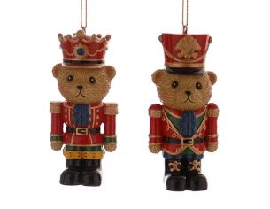 Set 2 suspensions de Noël oursons casse-noisette résine H9cm, uniforme rouge et or, l'un avec couronne,