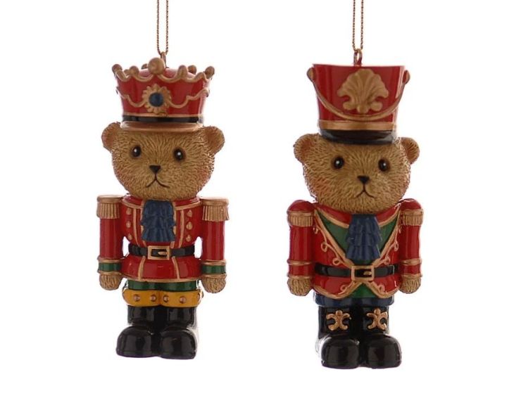 Set 2 suspensions de Noël oursons casse-noisette résine H9cm, uniforme rouge et or, l'un avec couronne,