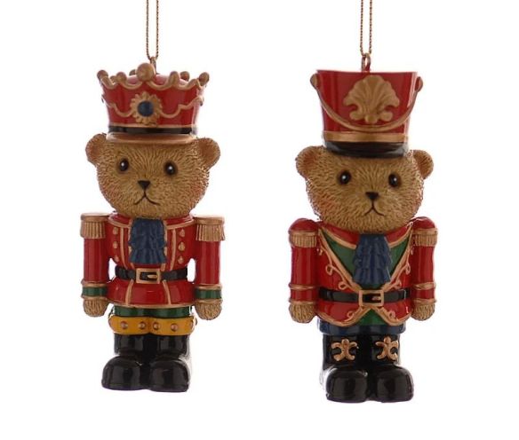 Set 2 suspensions de Noël oursons casse-noisette résine H9cm, uniforme rouge et or, l'un avec couronne,