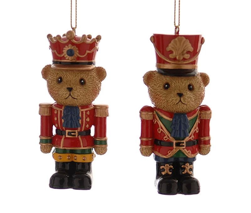 Set 2 suspensions de Noël oursons casse-noisette résine H9cm, uniforme rouge et or, l'un avec couronne,