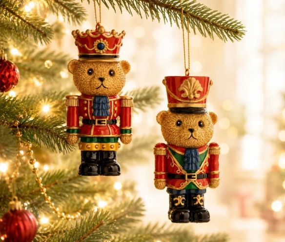 Set 2 suspensions de Noël oursons casse-noisette résine H9cm, uniforme rouge et or, l'un avec couronne,