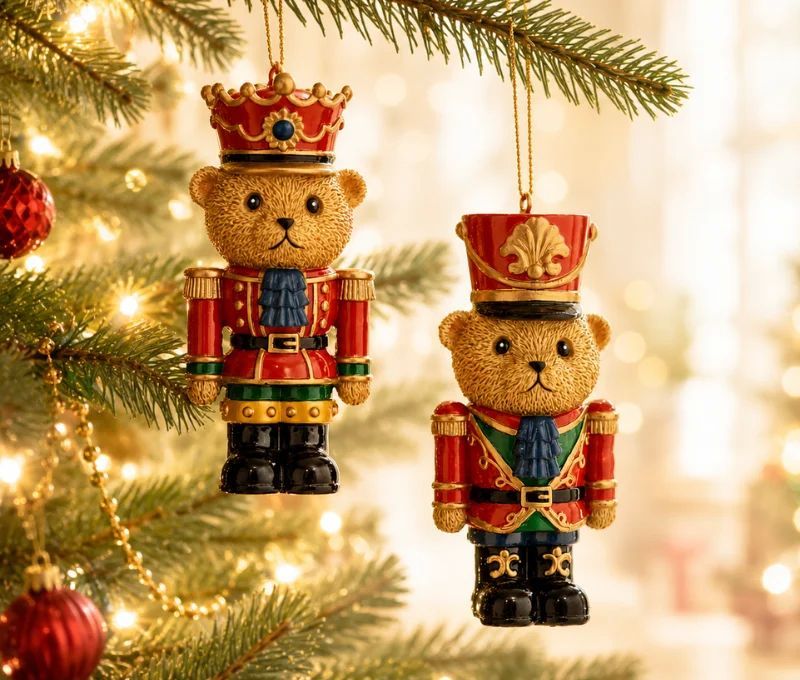 Set 2 suspensions de Noël oursons casse-noisette résine H9cm, uniforme rouge et or, l'un avec couronne,