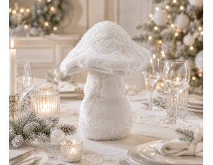 Champignon décoratif blanc H27cm, chapeau en tissu givré pailleté, pied en fausse fourrure blanche duveteuse,