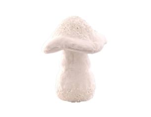 Champignon décoratif blanc H27cm, chapeau en tissu givré pailleté, pied en fausse fourrure blanche duveteuse