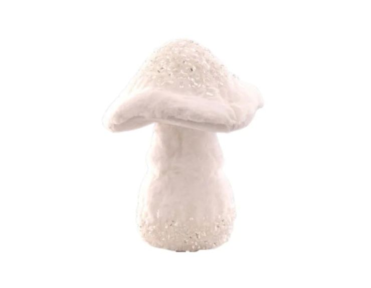 Champignon décoratif blanc H27cm, chapeau en tissu givré pailleté, pied en fausse fourrure blanche duveteuse