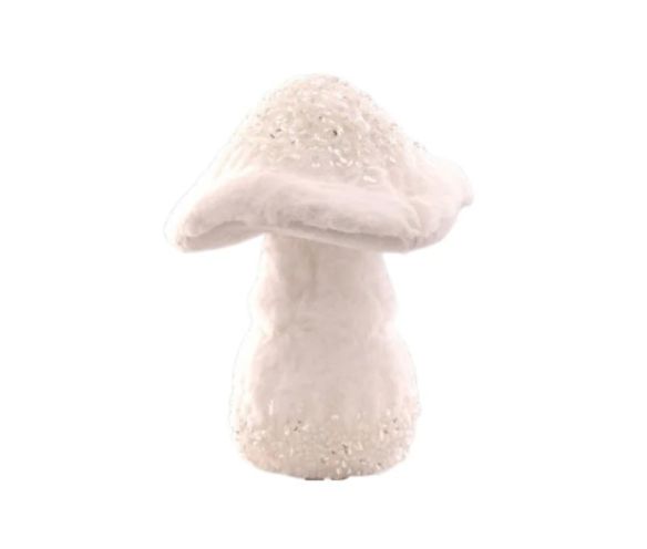 Champignon décoratif blanc H27cm, chapeau en tissu givré pailleté, pied en fausse fourrure blanche duveteuse