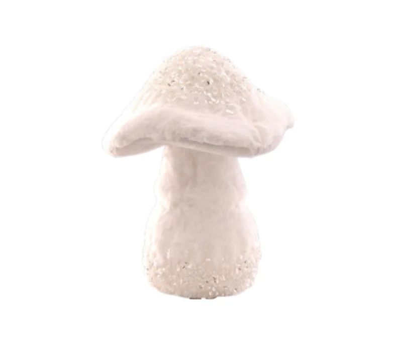 Champignon décoratif blanc H27cm, chapeau en tissu givré pailleté, pied en fausse fourrure blanche duveteuse