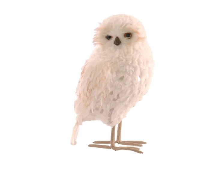 Hibou blanc H37cm recouvert de plumes blanches, yeux marron, bec et pattes beiges