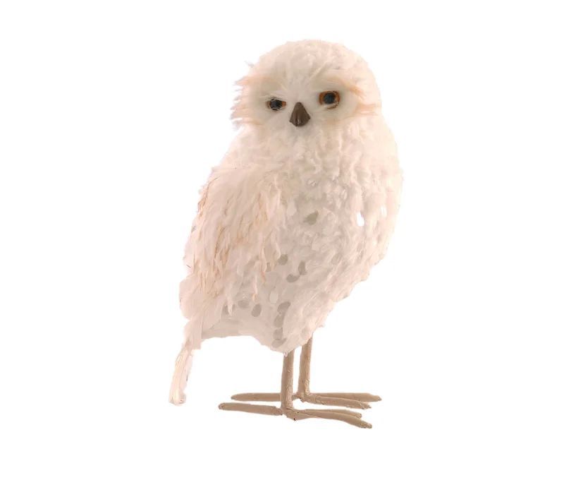 Hibou blanc H37cm recouvert de plumes blanches, yeux marron, bec et pattes beiges