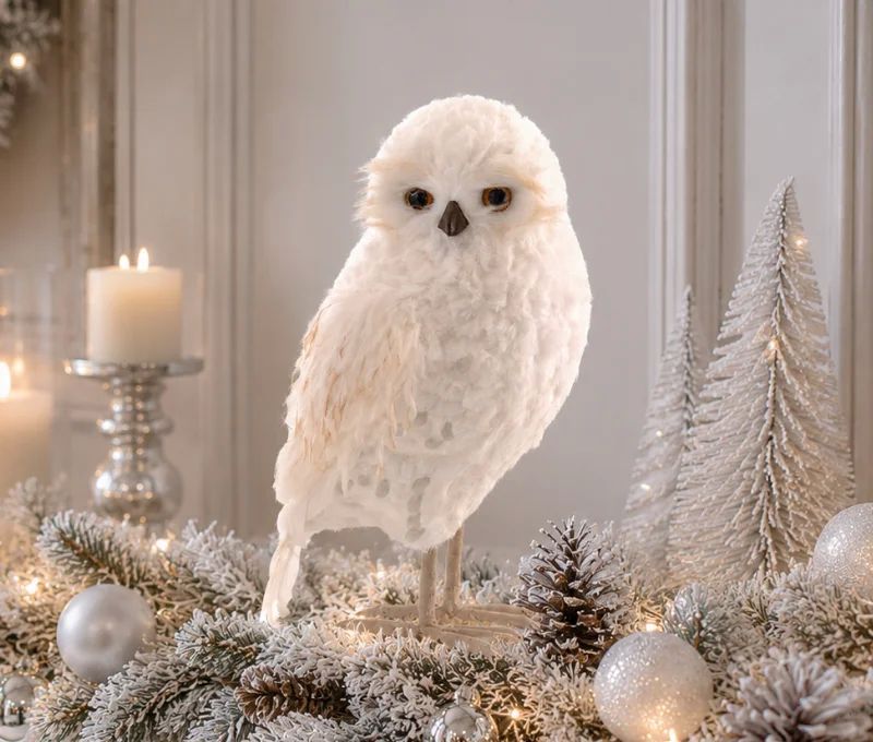 Hibou blanc H37cm recouvert de plumes blanches, yeux marron, bec et pattes beiges