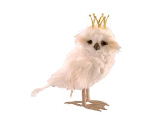 Hibou blanc H22cm recouvert de plumes, couronne dorée, yeux marron, bec et pattes beiges