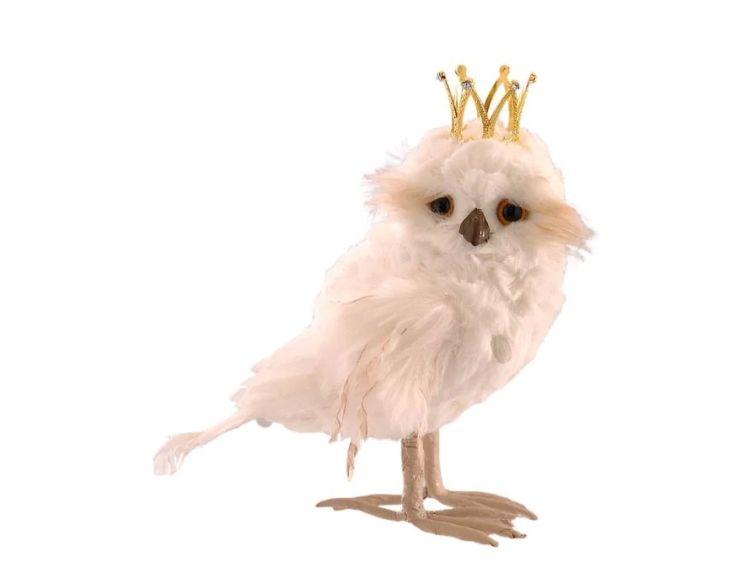 Hibou blanc H22cm recouvert de plumes, couronne dorée, yeux marron, bec et pattes beiges