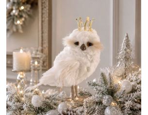 Hibou blanc H22cm recouvert de plumes, couronne dorée, yeux marron, bec et pattes beiges