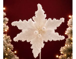 Fleur poinsettia blanche givrée Ø12cm, pétales veloutés pailletés, centre perles blanches