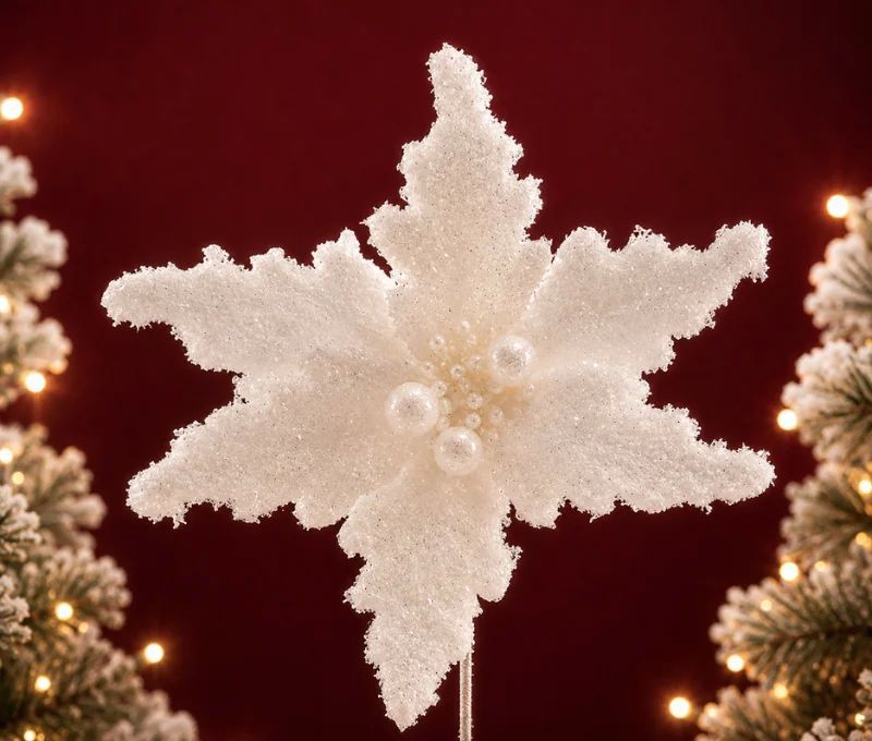 Fleur poinsettia blanche givrée Ø12cm, pétales veloutés pailletés, centre perles blanches