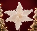 Voir la slide Fleur poinsettia blanche givrée Ø12cm, pétales veloutés pailletés, centre perles blanches