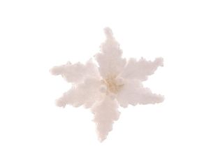 Fleur poinsettia blanche givrée Ø12cm, pétales veloutés pailletés, centre perles blanches