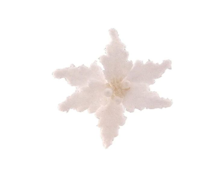 Fleur poinsettia blanche givrée Ø12cm, pétales veloutés pailletés, centre perles blanches