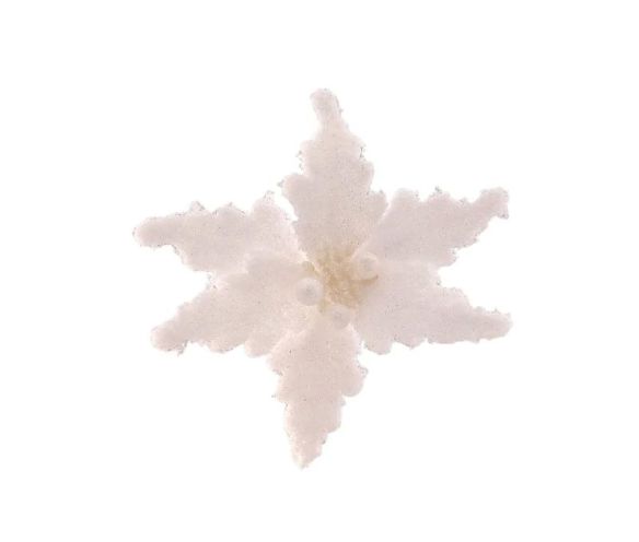 Fleur poinsettia blanche givrée Ø12cm, pétales veloutés pailletés, centre perles blanches