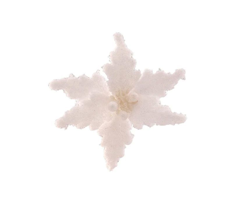 Fleur poinsettia blanche givrée Ø12cm, pétales veloutés pailletés, centre perles blanches