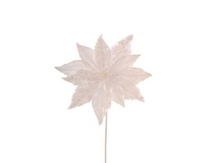 Tige poinsettia blanc pailleté Ø27cm H45cm, pétales blancs bords pailletés, tige blanche