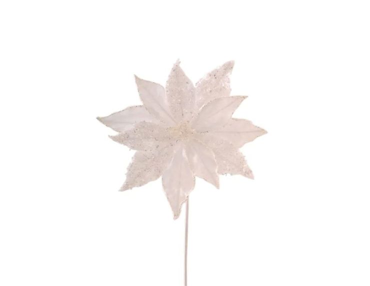 Tige poinsettia blanc pailleté Ø27cm H45cm, pétales blancs bords pailletés, tige blanche