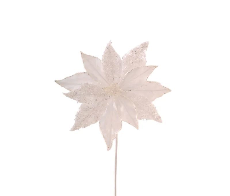 Tige poinsettia blanc pailleté Ø27cm H45cm, pétales blancs bords pailletés, tige blanche
