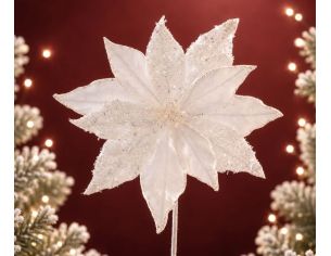 Tige poinsettia blanc pailleté Ø27cm H45cm, pétales blancs bords pailletés, tige blanche