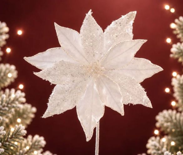 Tige poinsettia blanc pailleté Ø27cm H45cm, pétales blancs bords pailletés, tige blanche