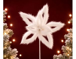 Grande fleur blanche fausse fourrure Ø25cm H77cm, pétales étoilés, centre perles blanches, tige blanche