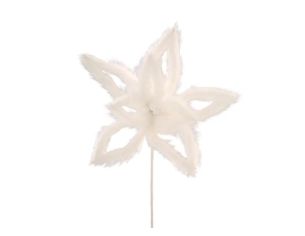 Grande fleur blanche fausse fourrure Ø25cm H77cm, pétales étoilés, centre perles blanches, tige blanche