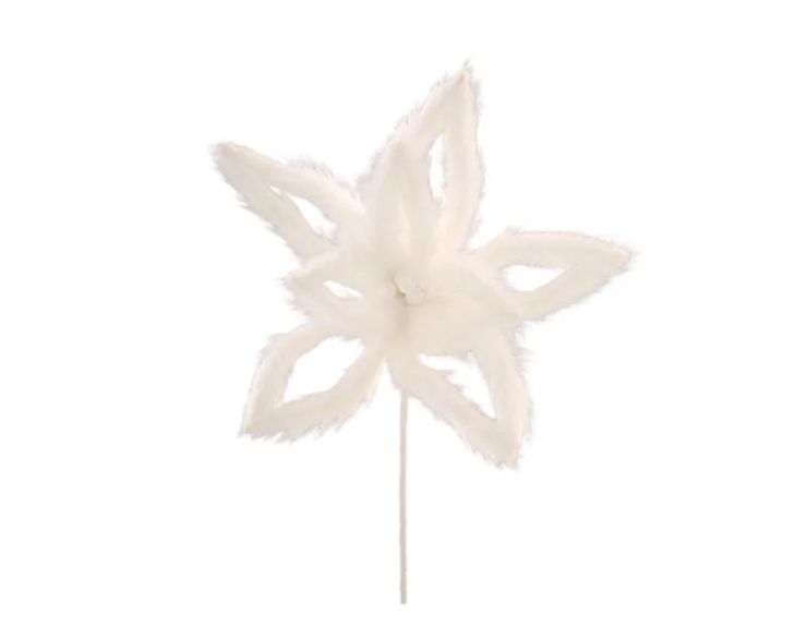 Grande fleur blanche fausse fourrure Ø25cm H77cm, pétales étoilés, centre perles blanches, tige blanche