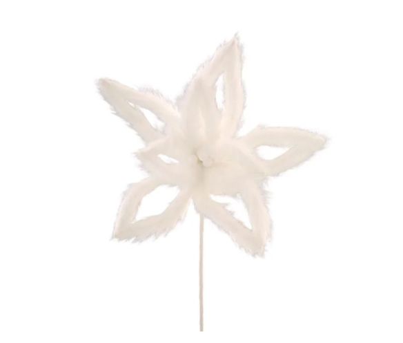 Grande fleur blanche fausse fourrure Ø25cm H77cm, pétales étoilés, centre perles blanches, tige blanche