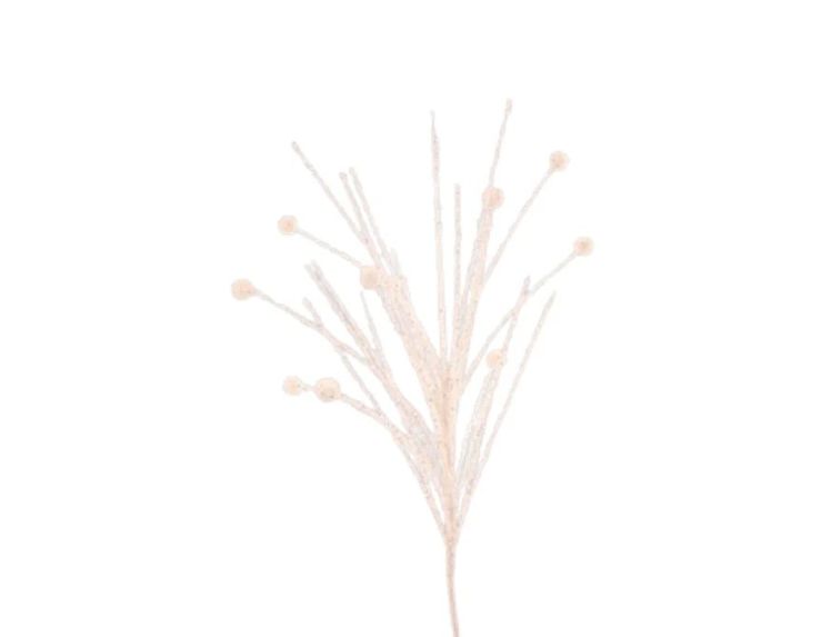 Branche pailletée blanche H76cm, tiges fines pailletées, embouts perles rondes blanches