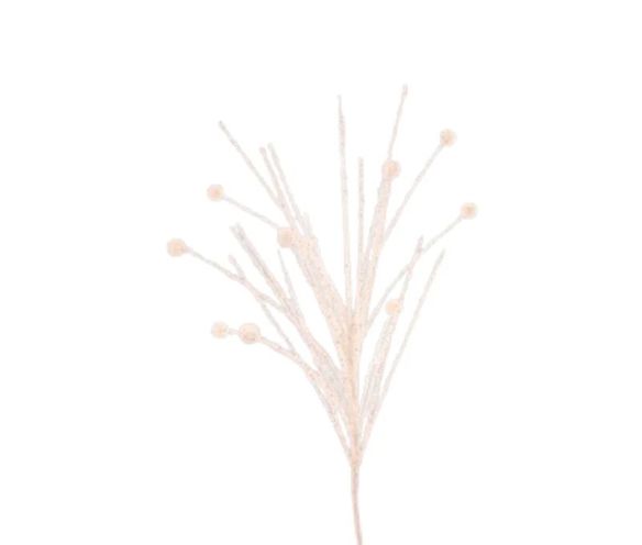 Branche pailletée blanche H76cm, tiges fines pailletées, embouts perles rondes blanches