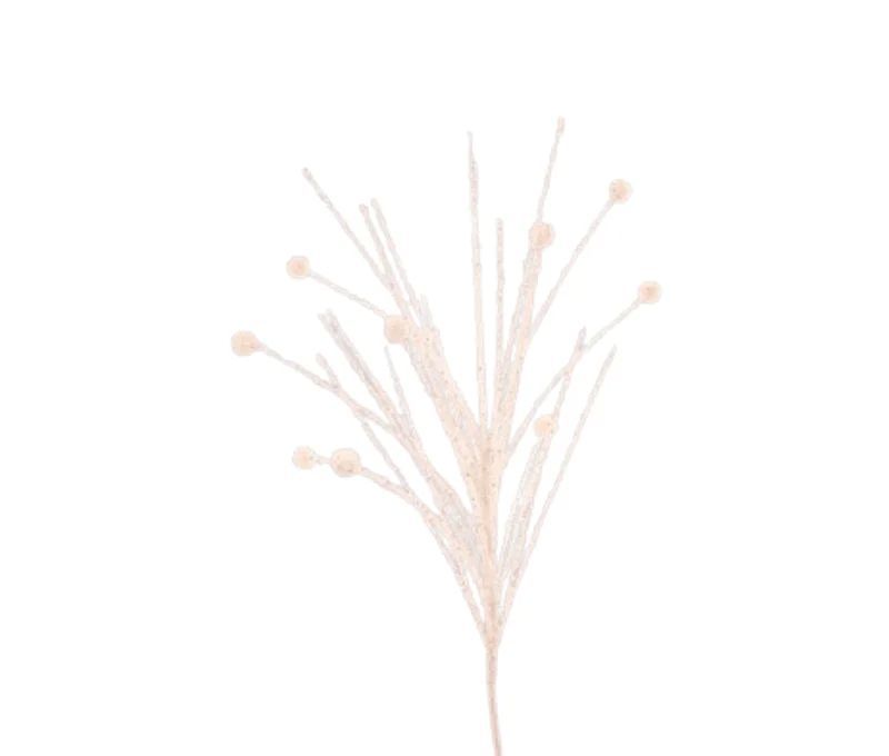 Branche pailletée blanche H76cm, tiges fines pailletées, embouts perles rondes blanches