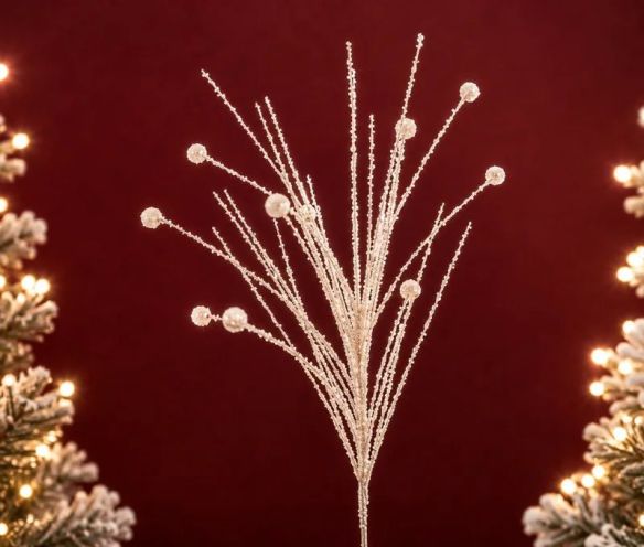 Branche pailletée blanche H76cm, tiges fines pailletées, embouts perles rondes blanches